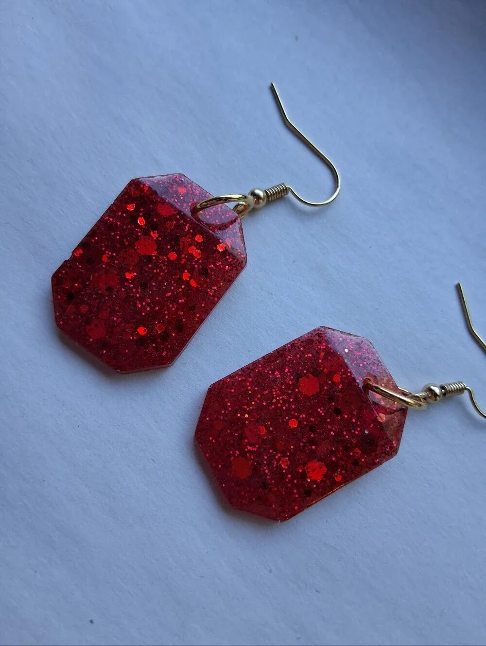 Hand Crafted Red Glitter Resin Dangle Earrings